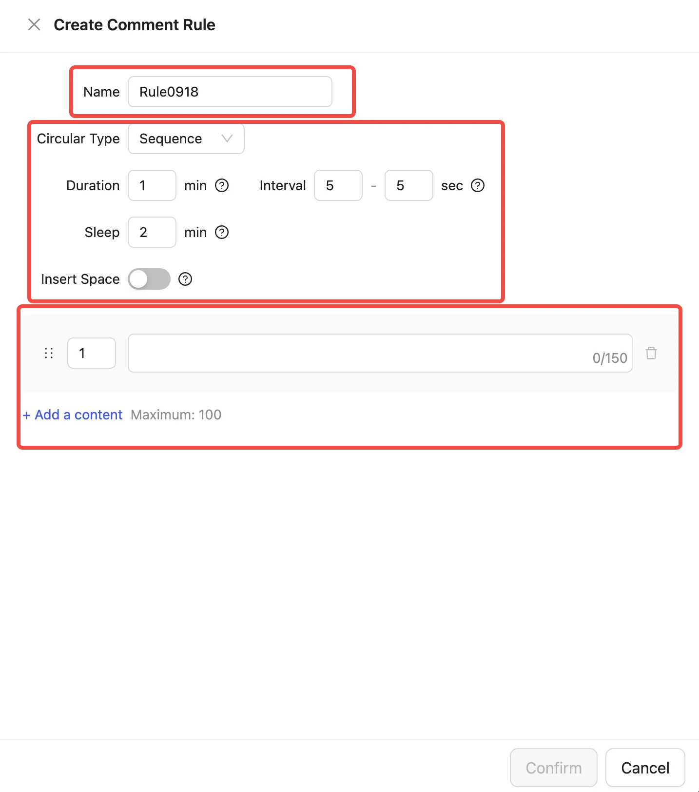 Set the comment group parameters