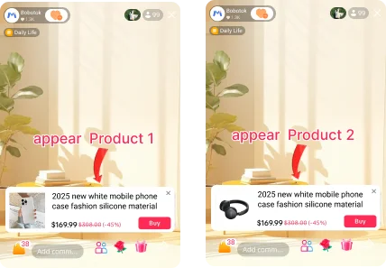 Multiple product cards rotating in the live room