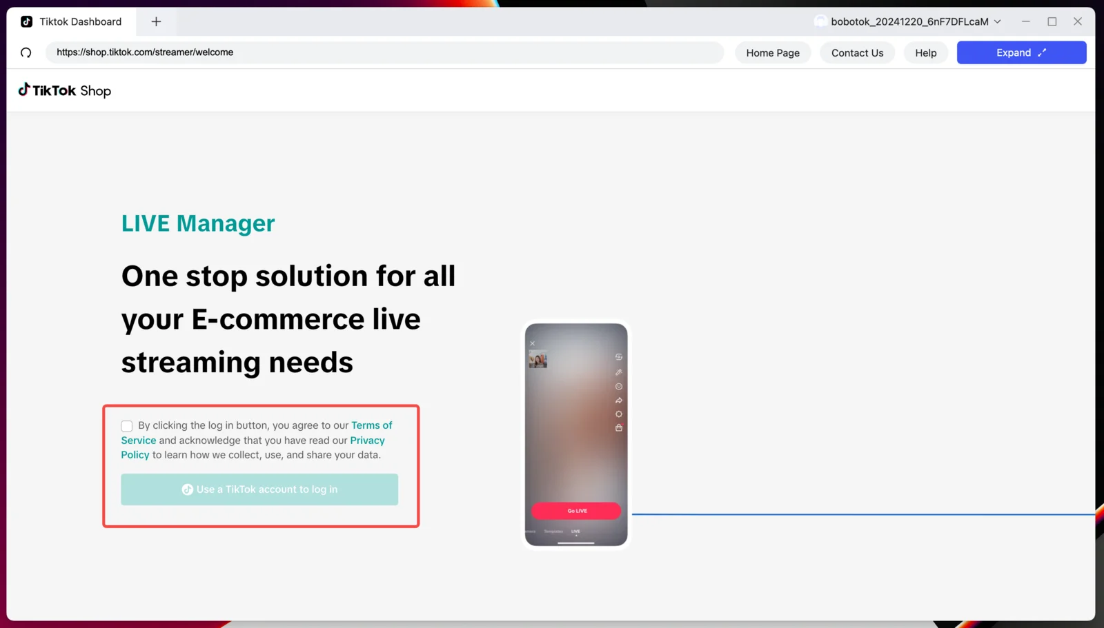 Log in to the TikTok Dashboard